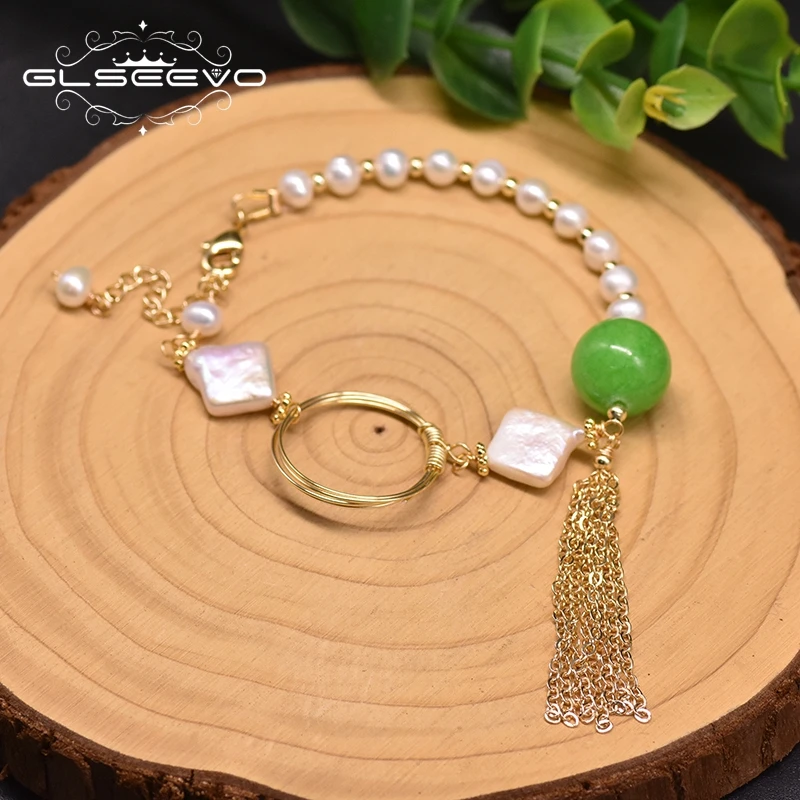

GLSEEVO Handmade Natural Fresh Water Pearl Jade Tassel Bracelets For Women Adjustable Bracelet Jewelry pulseira feminina GB0203
