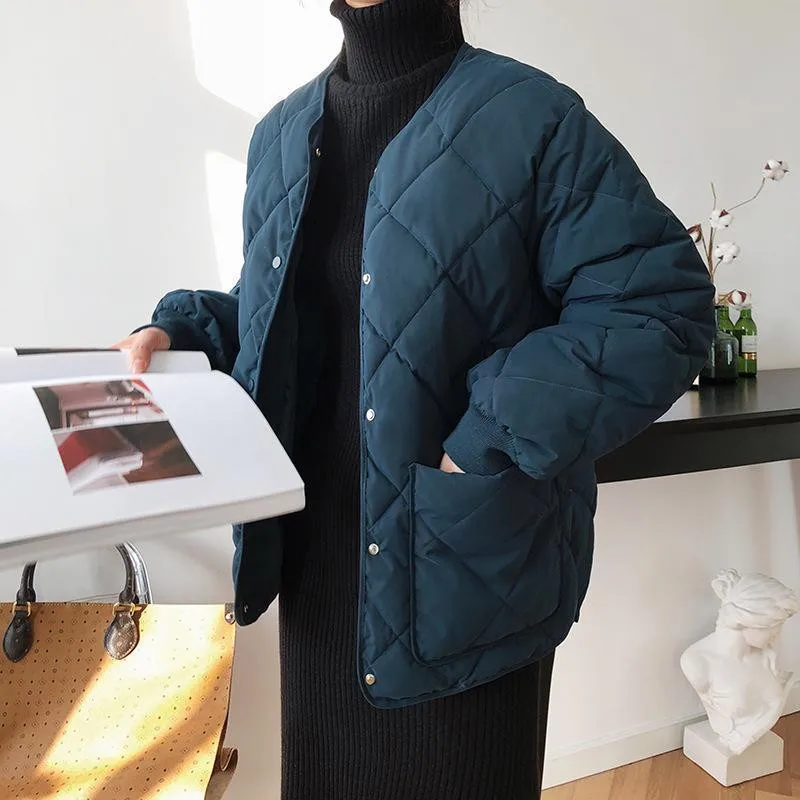 Women's Winter Solid Color Parka Coat Diamond Plaid Cotton Jacket Women's Korean Round Neck Thick Warm Bread Coat Women Coat
