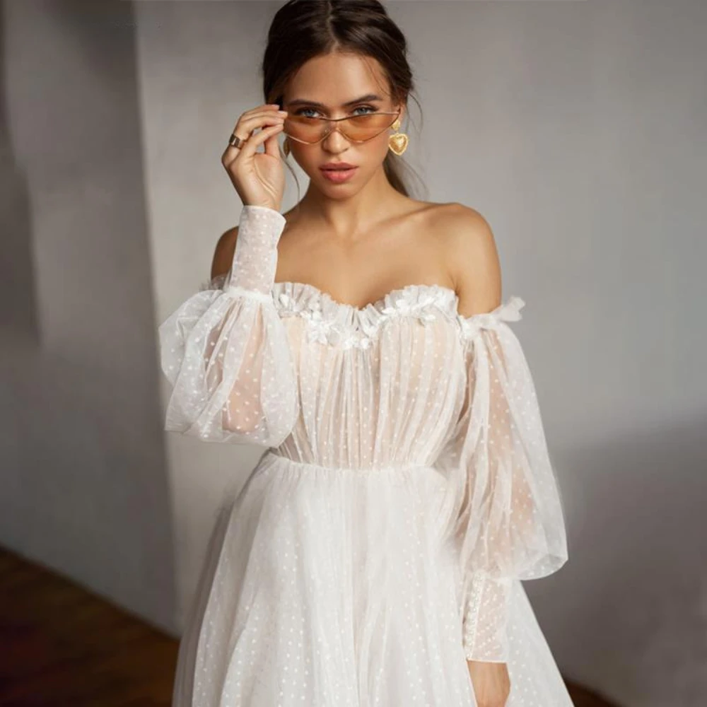 Новинка свадебное платье с пышными длинными рукавами в горошек Тюль А-силуэт