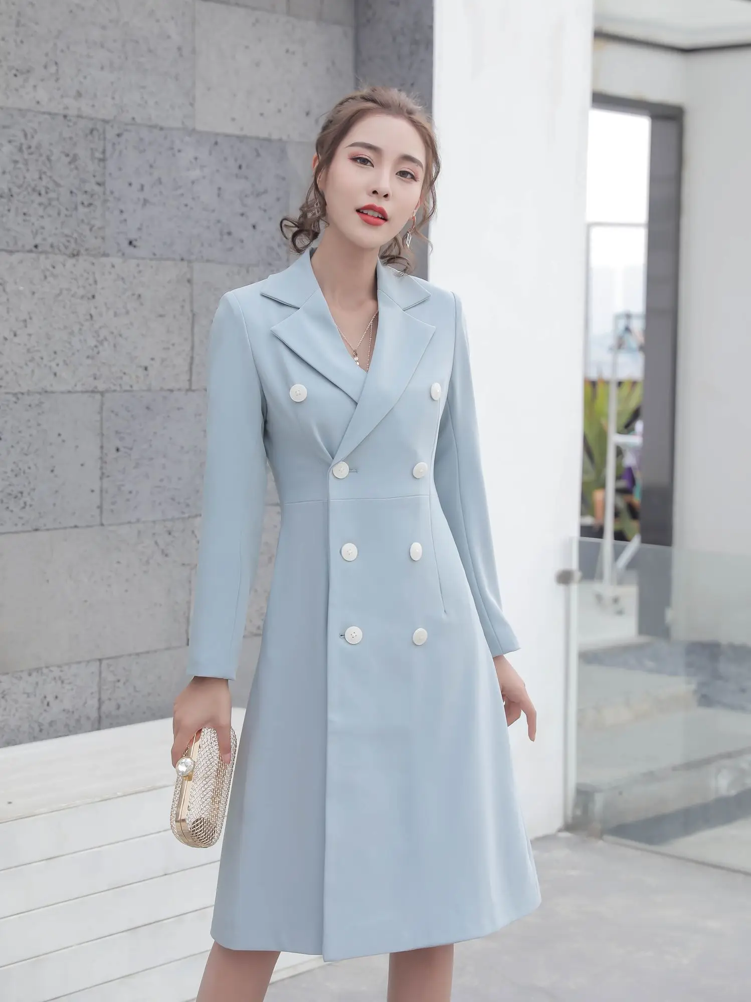 

Женская двубортная ветровка, Корейская версия, весна 2023, синее модное приталенное пальто средней длины с воротником-костюмом