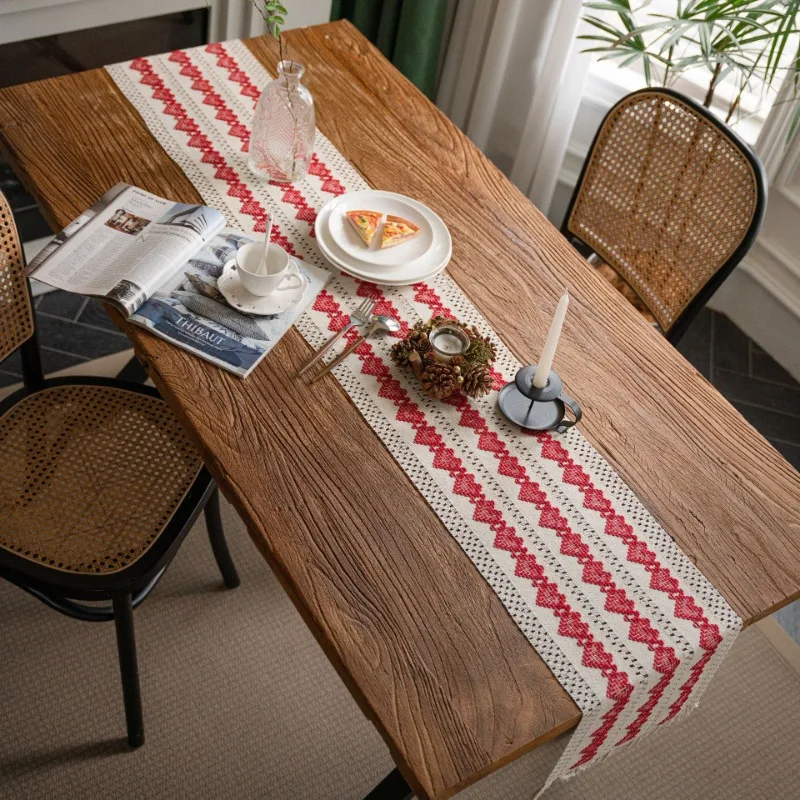 

Cotton Linen Table Flag Cloth Stripe Tassel Tablecloth Rectangle Dust-Proof Cover Kitchen Dinning Dining Red Love Decoration