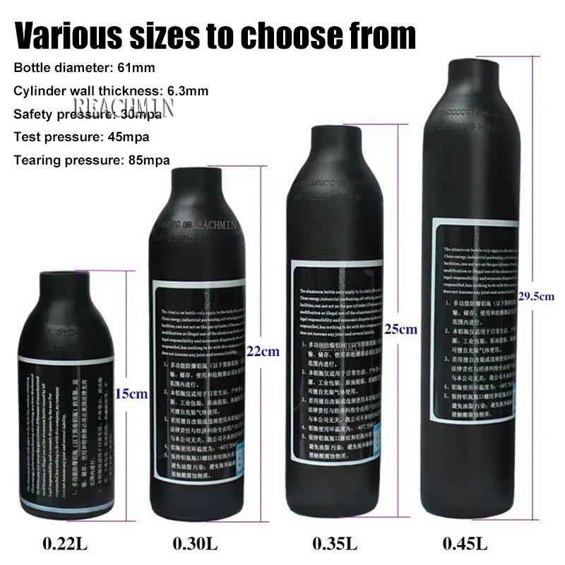 

0.25L/0.35L/0.45L/0.5LAeronautic Aluminum Paintball PCP Cylinder Oxygen Tank Compressed Air Bottle without High Pressure Regula