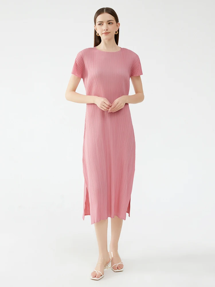 

Miyake Pleated Pink Side Split Short Sleeve Dress Women 2023 Summer Korean Fashion Fold Causal Long Designer Luxury Clothes
