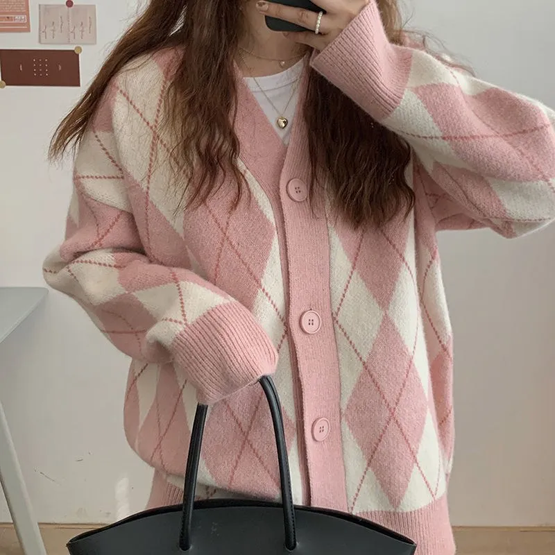 

DAYIFUN Knitted Argyle Sweater Cardigan Women Spring Autumn V-neck Long Sleeve Casual Coat Vintage Korean Fashion Loose Knitwear