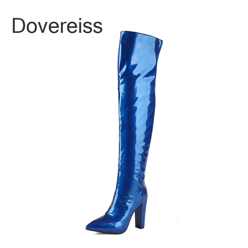 

Женские сапоги на высоком каблуке, синие или красные сапоги выше колена на молнии, с острым носком, на шпильке, большой размер 46, 47, для зимы, 2022