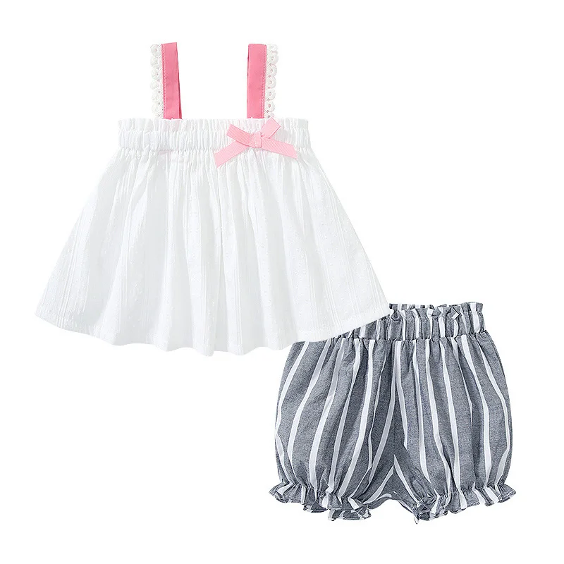 

Summer Children's Clothing Baby Girl Clothes Kids Suspender Dress Bow-knot Tops Stripe Shorts Two Piece Set Outing Infant Sets