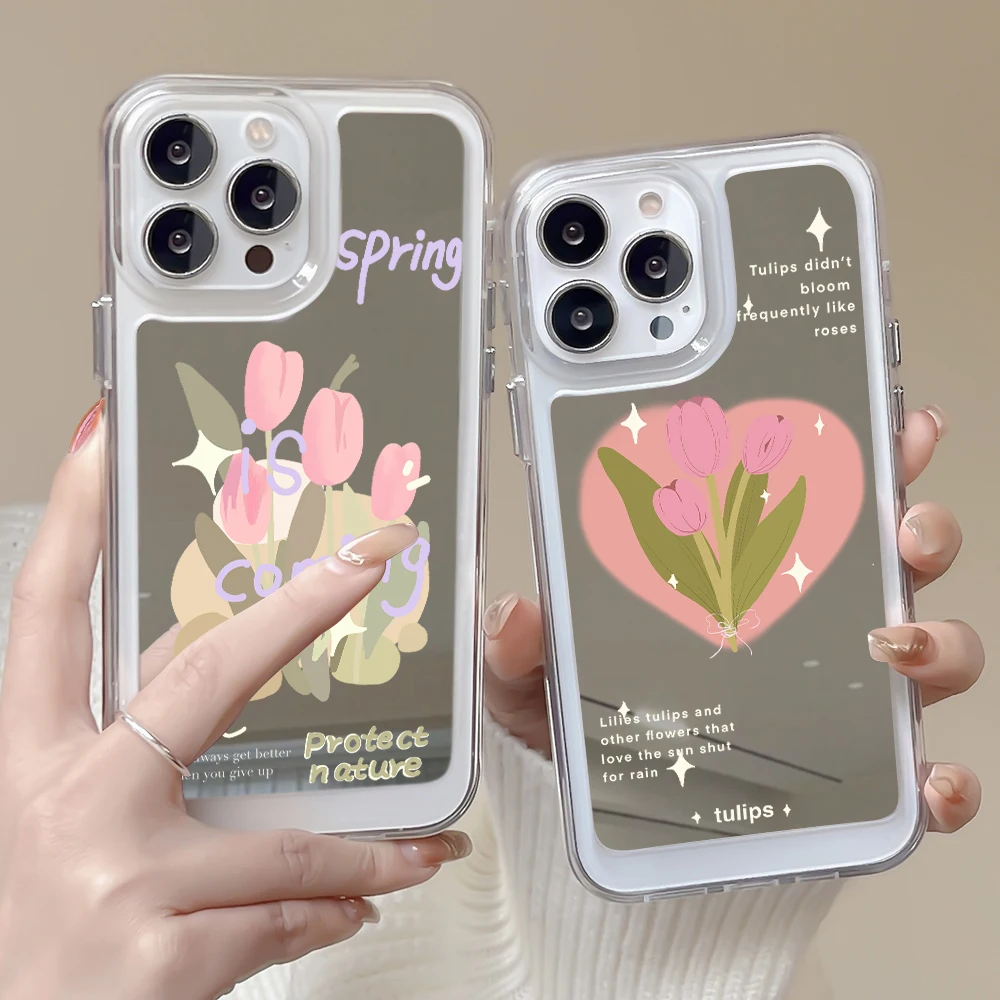 

Tulip Text Label Phone Case for IPhone 13 14ProMax 14Plus 12 11 Pro Max Luxury Transparent Shockproof Soft Cover with Mirror