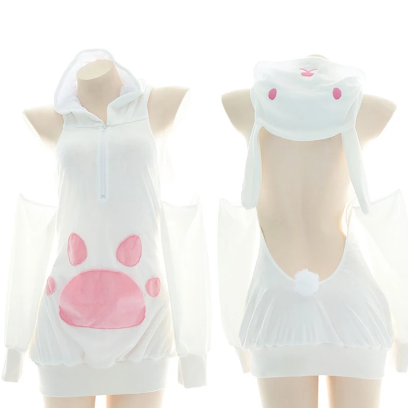 

Women Cute Ears Hoodies for CAT Claw Lingerie Sexy Cold Shoulder Backless Sweats