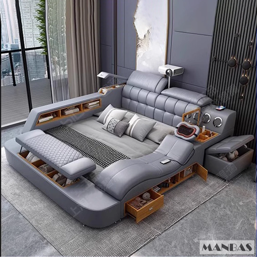 Роскошная кровать Linlamlim большого размера из натуральной кожи/умная