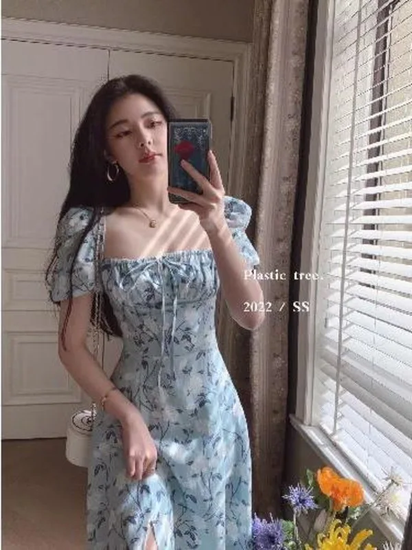 Женское платье с принтом из искусственного шифона Корейская модель облегающее