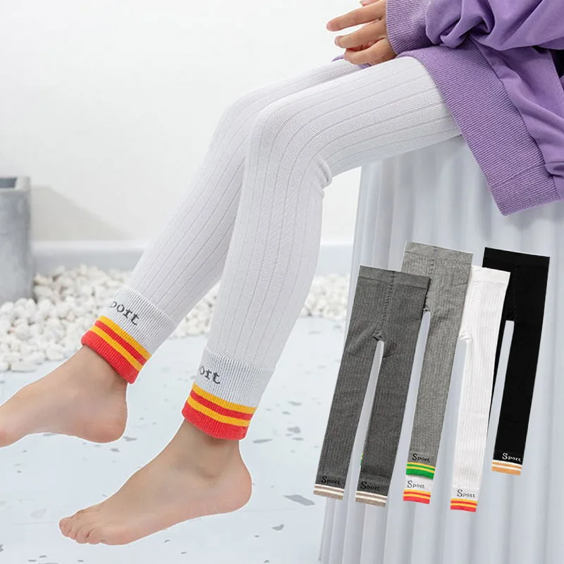 

2022 Spring Baby Girls Leggings Cotton Ribbed Kids Leggings Casual Patchwork Skinny Pants Sports Knitted Legging Letters 4-11y