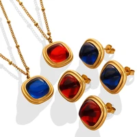 red blue crystal stone square pendant necklace earring female jewelry set for women stainless steel jewelry engagement wholesale