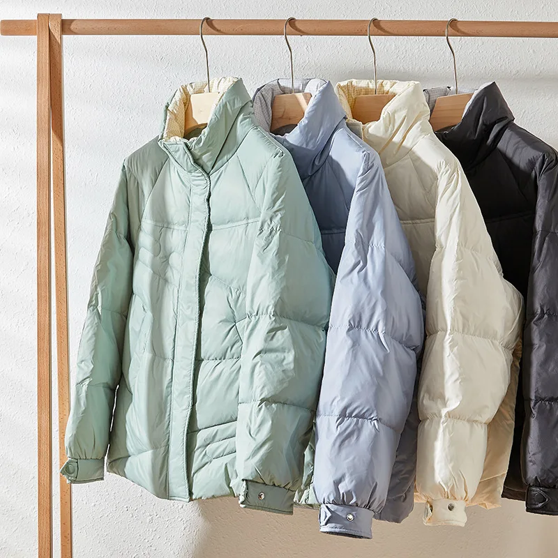 Women Short White Duck Down Jacket Zipper Winter New Fashion Casual Stand-up Black Blue Collar Bread Jackets Trendy Coat Parkas