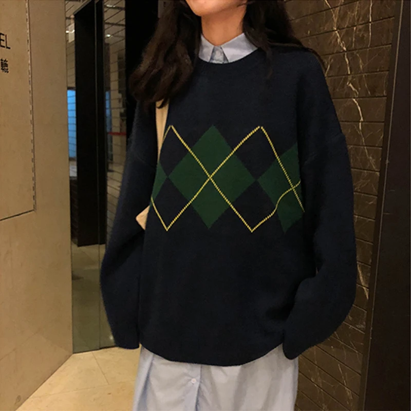 

Academia Sweater Women Argyle Knit Jumper Pullover Teenage Girl Autumn Winter Preppy Style