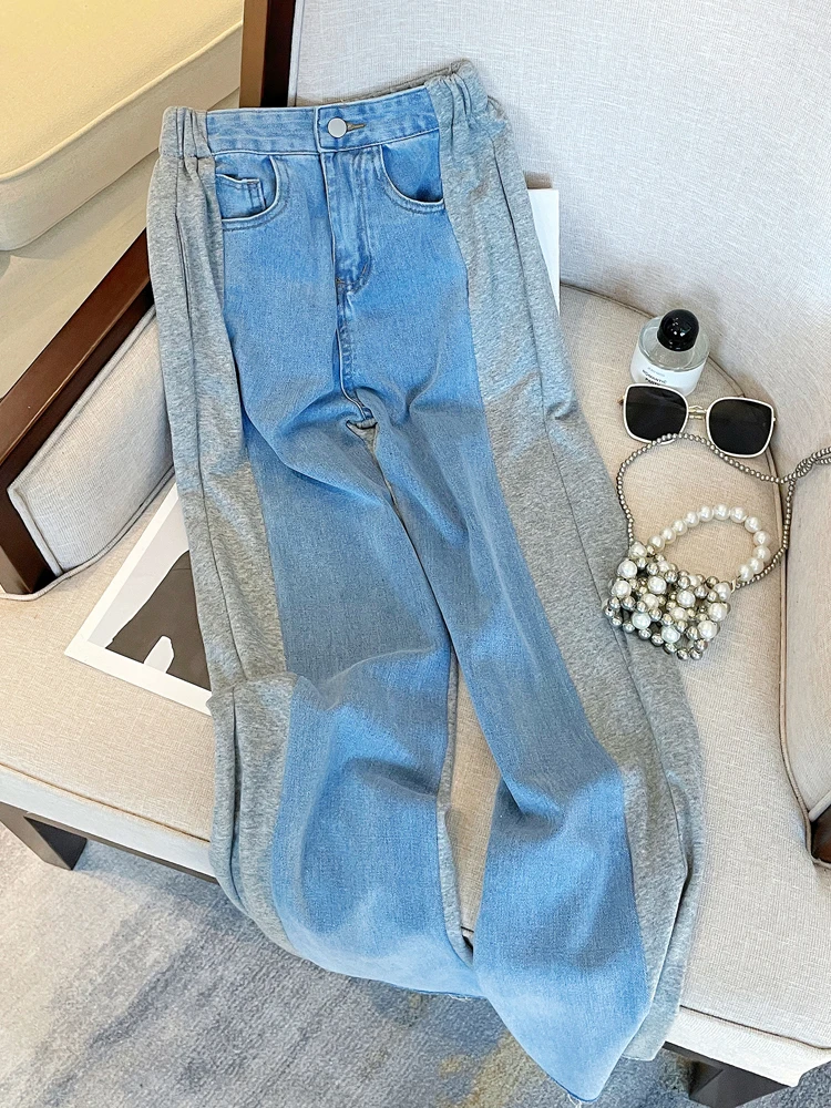 Спортивные брюки джинсы в стиле пэчворк с татуировкой для мам высокой талией