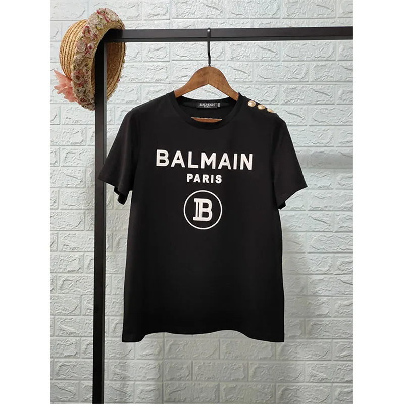 

Женская хлопковая футболка с коротким рукавом, с золотыми пуговицами