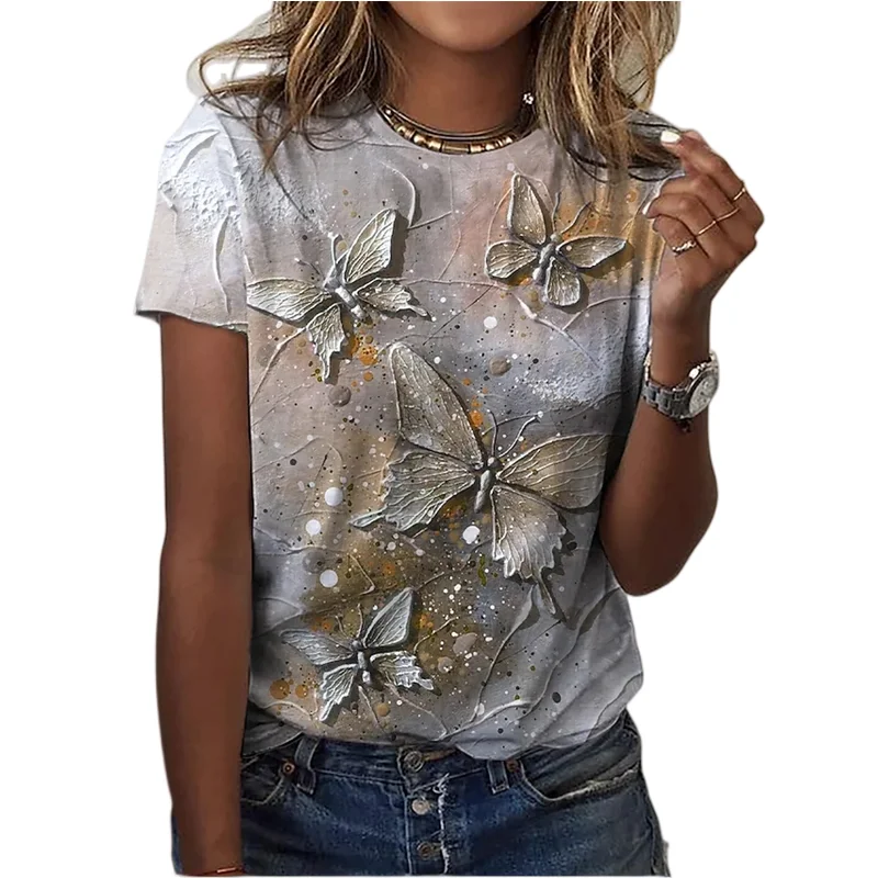 

3D Butterfly Pattern Printed T-Shirts Women's Summer Fashion Street Crew Neck Tops Women's Pullover Shirts