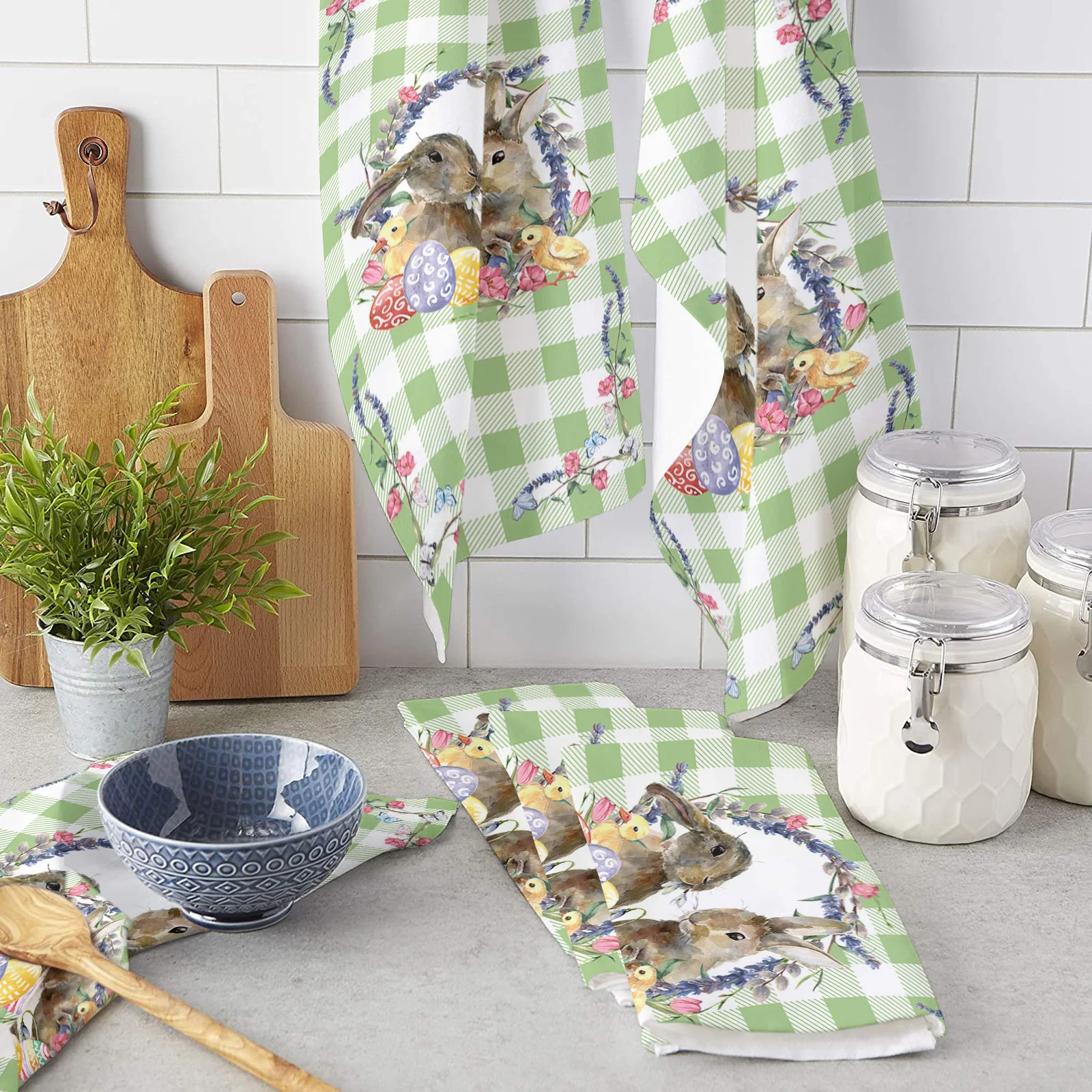 

Зеленое клетчатое полотенце для рук в виде пасхального кролика, кухонная утварь, тряпки из микрофибры для уборки, бытовое полотенце