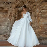verngo simple silk satin wedding dresses one shoulder puff long sleeve lace floor length bridal gowns 2022 robe de mariage