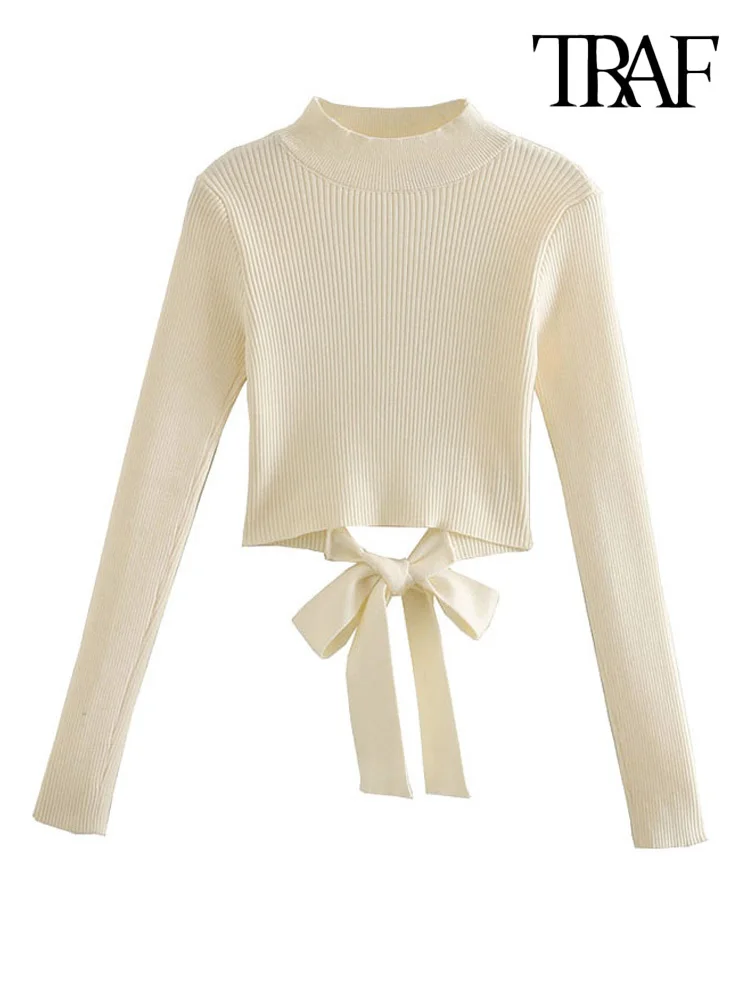 

Women Fashion With Bow Tied Cropped Knitted Sweater Vintage Long Sleeve Backless Female Pullovers Chic Tops
