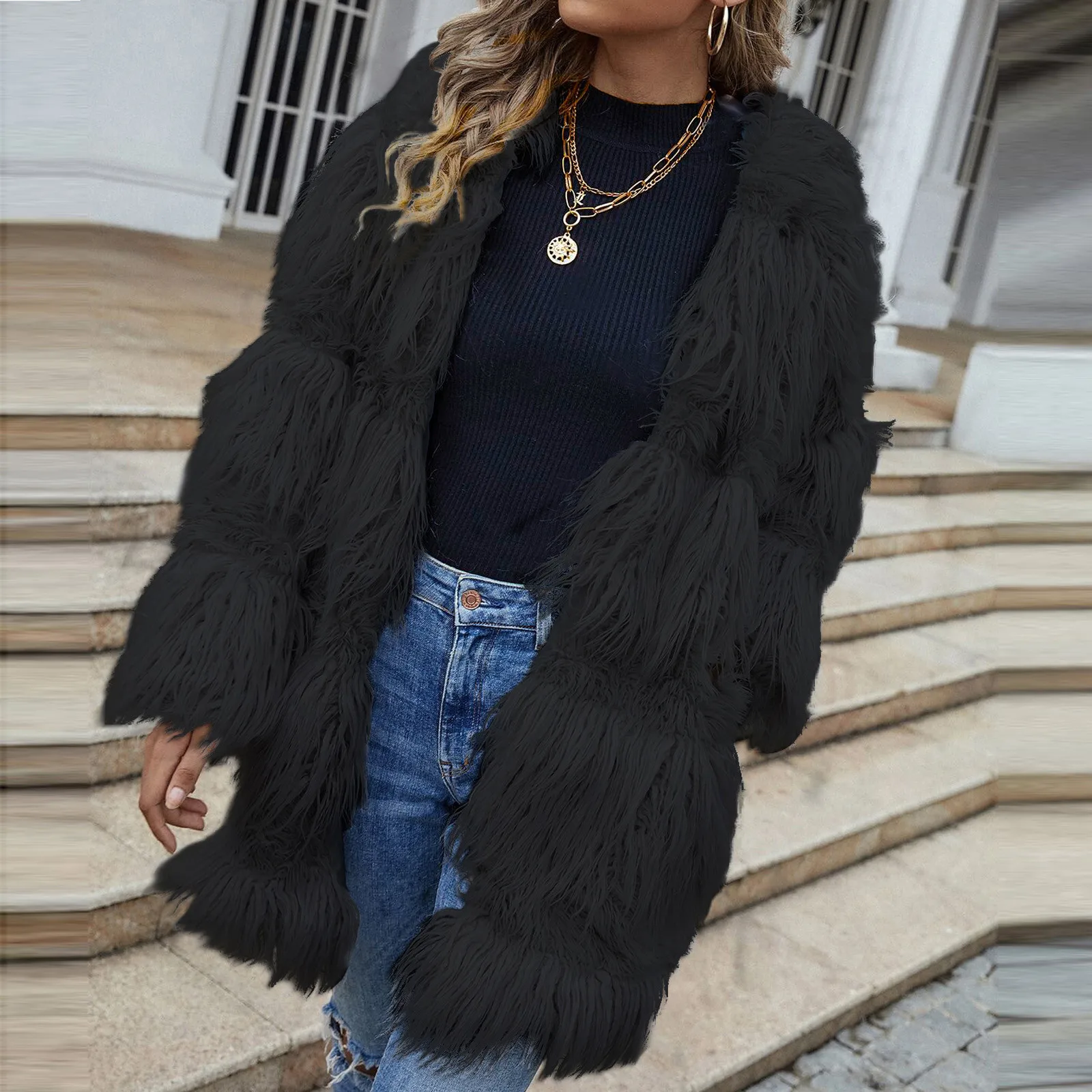 Women Winter Coat Long Sleeve Jackets Fur-grass Fur Woman Jacket mujer Outerwear Elegant Thick Autumn Outerwear fur tassel top