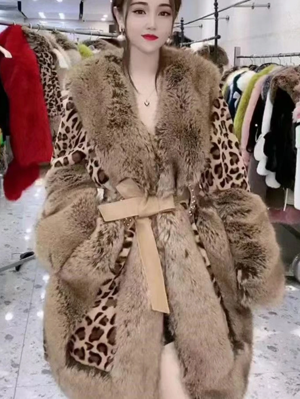 2022 New Fall Winter Coat Women's Mid-Length Fur Collar Thickened Warm Leopard Fur Jacket Korean Lace-up Fur Overcoat Femininas