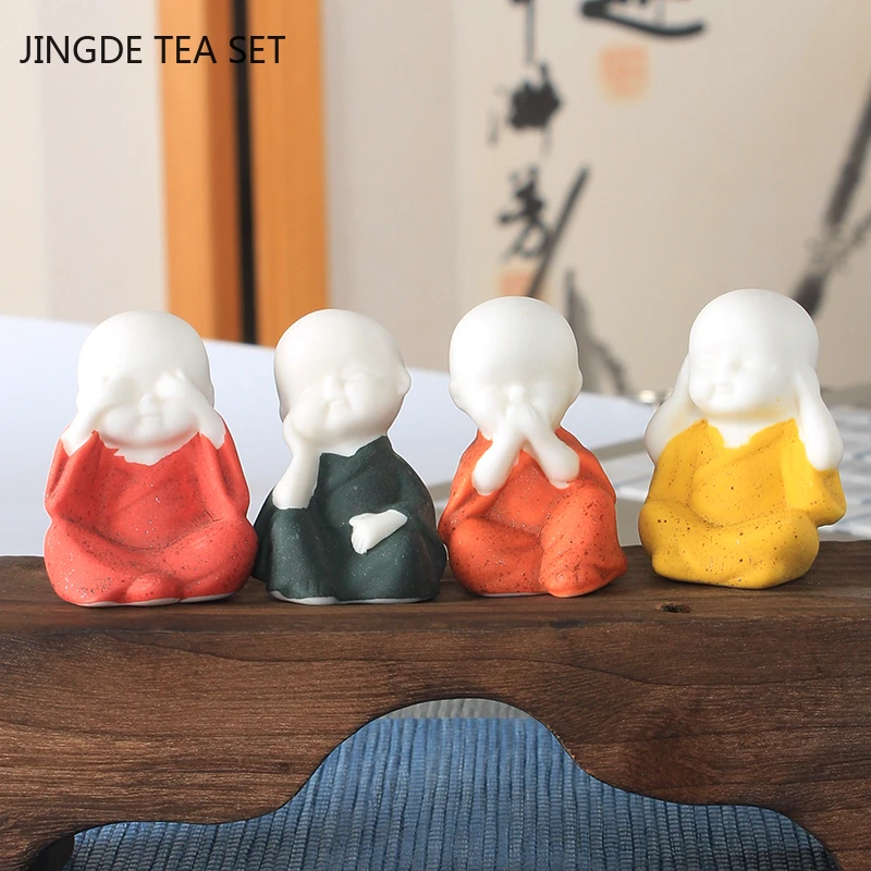 

3/4Pcs Lovely Little Monk Statue Tea Table Decoration Chinese Ceramics Tea Pet Ornaments Tea Set Supplies Handmade Crafts