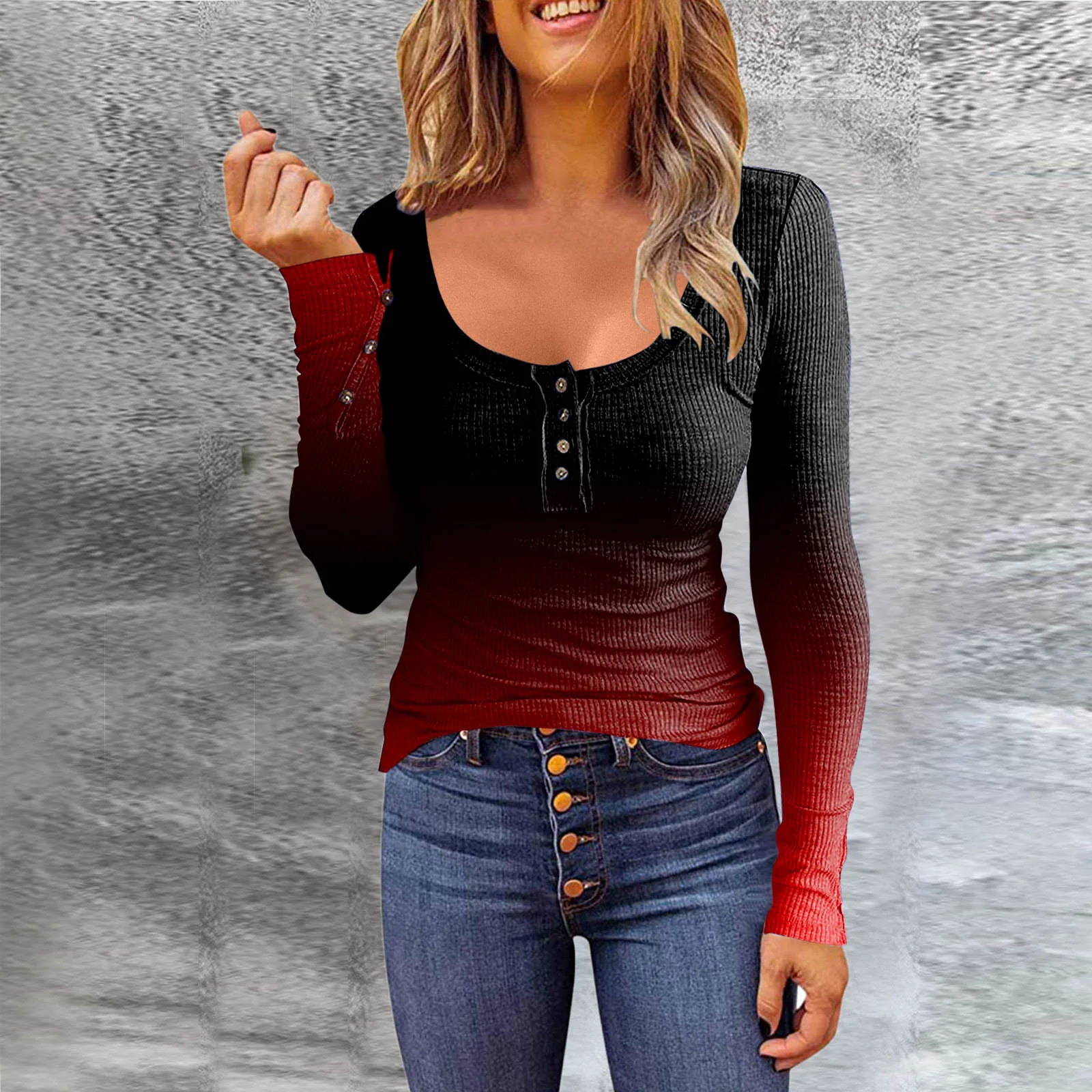 Женская трикотажная рубашка на пуговицах с V-образным вырезом и длинным рукавом -