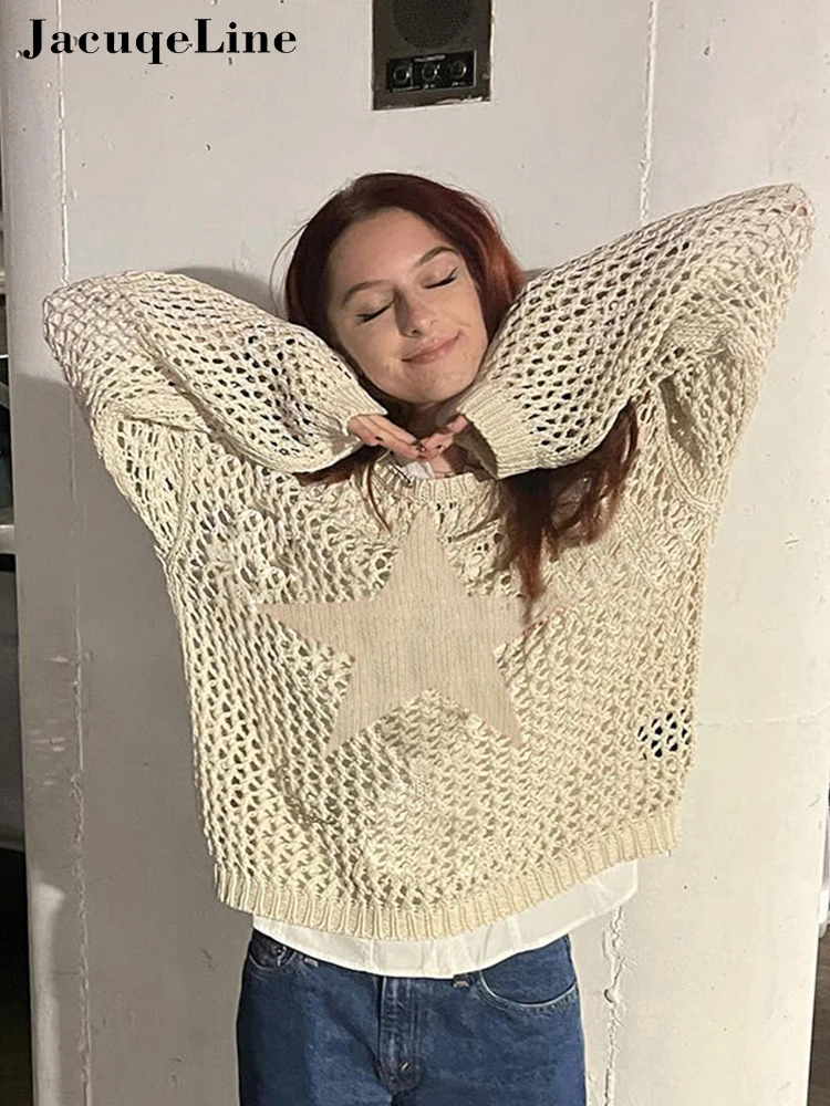 

Jacqueline 2022 y2k Aesthetic Knit Crochet T Shirts Women Casual Loose Hollow Out O Neck Star Long Sleeve Smock Tees Tops Autumn