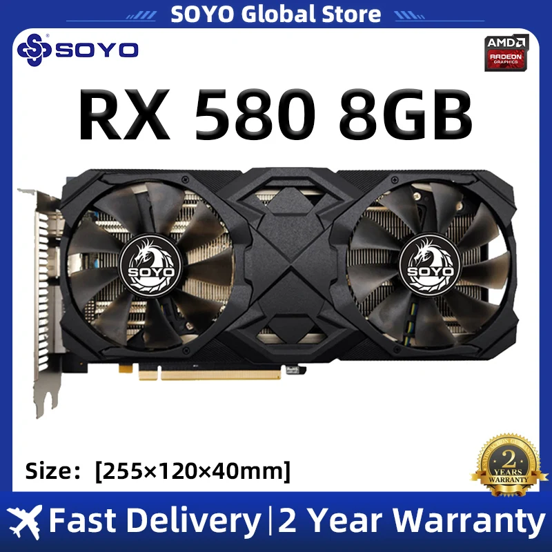 Видеокарта SOYO AMD RX580 8 ГБ, 8Pin GDDR5 256Bit PCI Express 3,0 × 16 GPU Radeon, игровая видеокарта для настольного компьютера