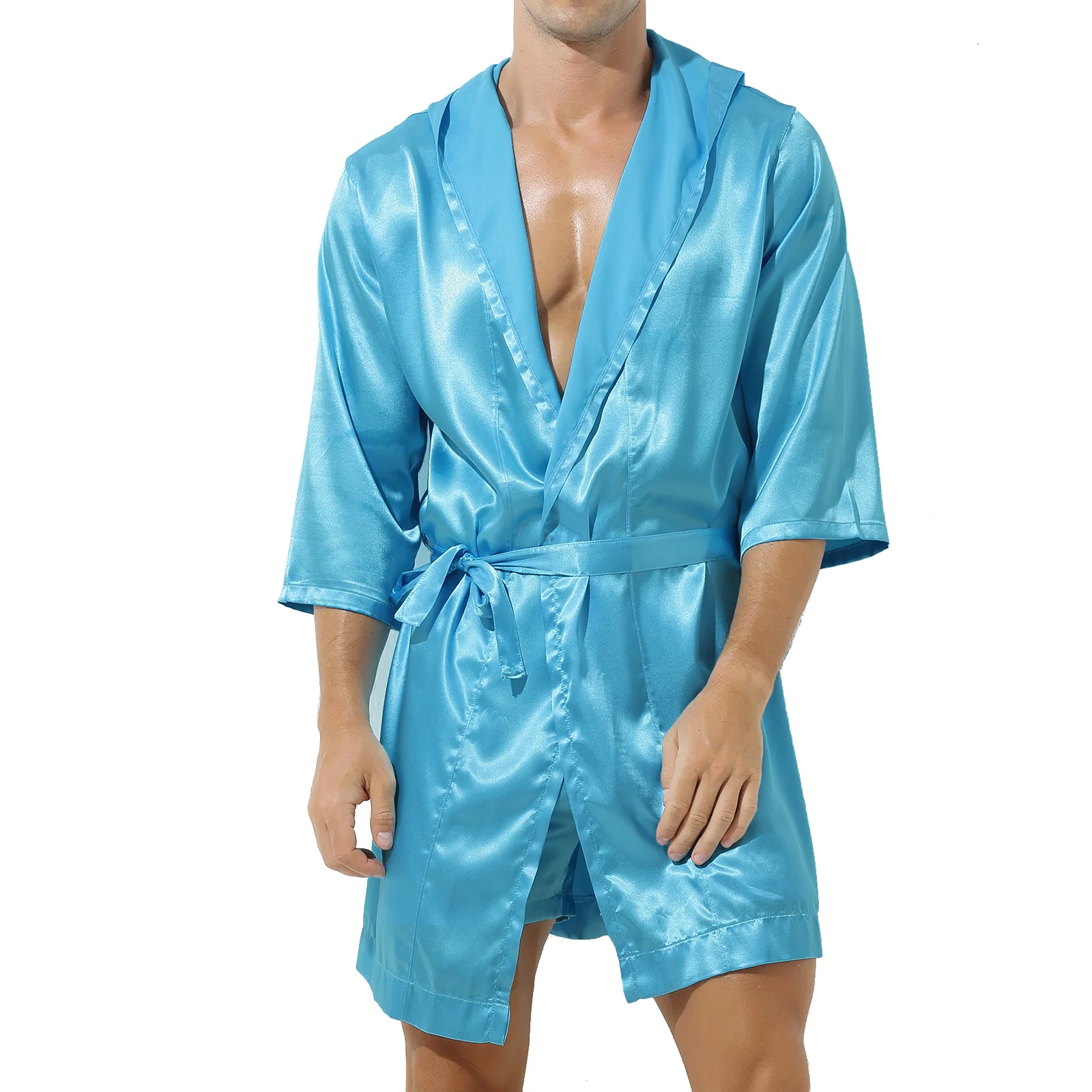 Mens Robe Sets Loungewear Open Front Hooded Night-robe Satin Sleepwear Belted Kimono Half Sleeve Bathrobe Nightwear