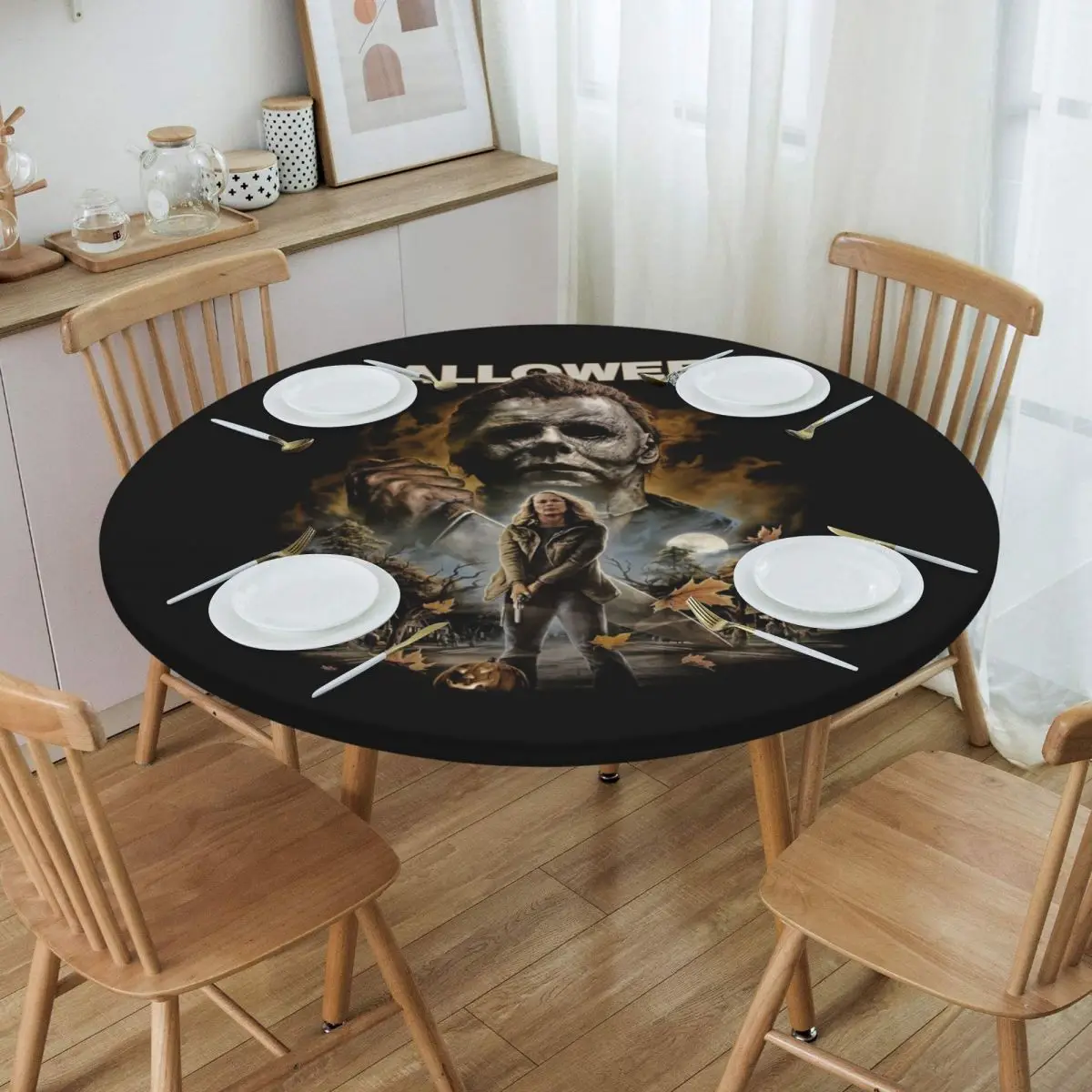 

Round Oilproof Michael Myers Table Cover Elastic Halloween Horror Movie Table Cloth Backed Edge Tablecloth for Dining