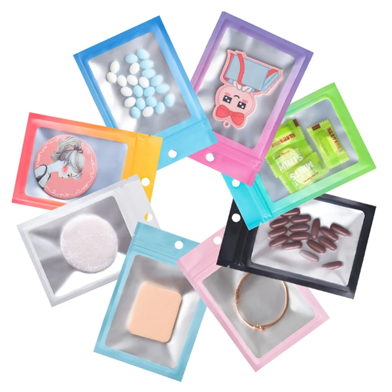 

100Pcs Colorful Mylar Bags Ziplock Hang Bags with Clear Window for Jewelry Display Packaging Self Sealing Reusable Foil Pouch