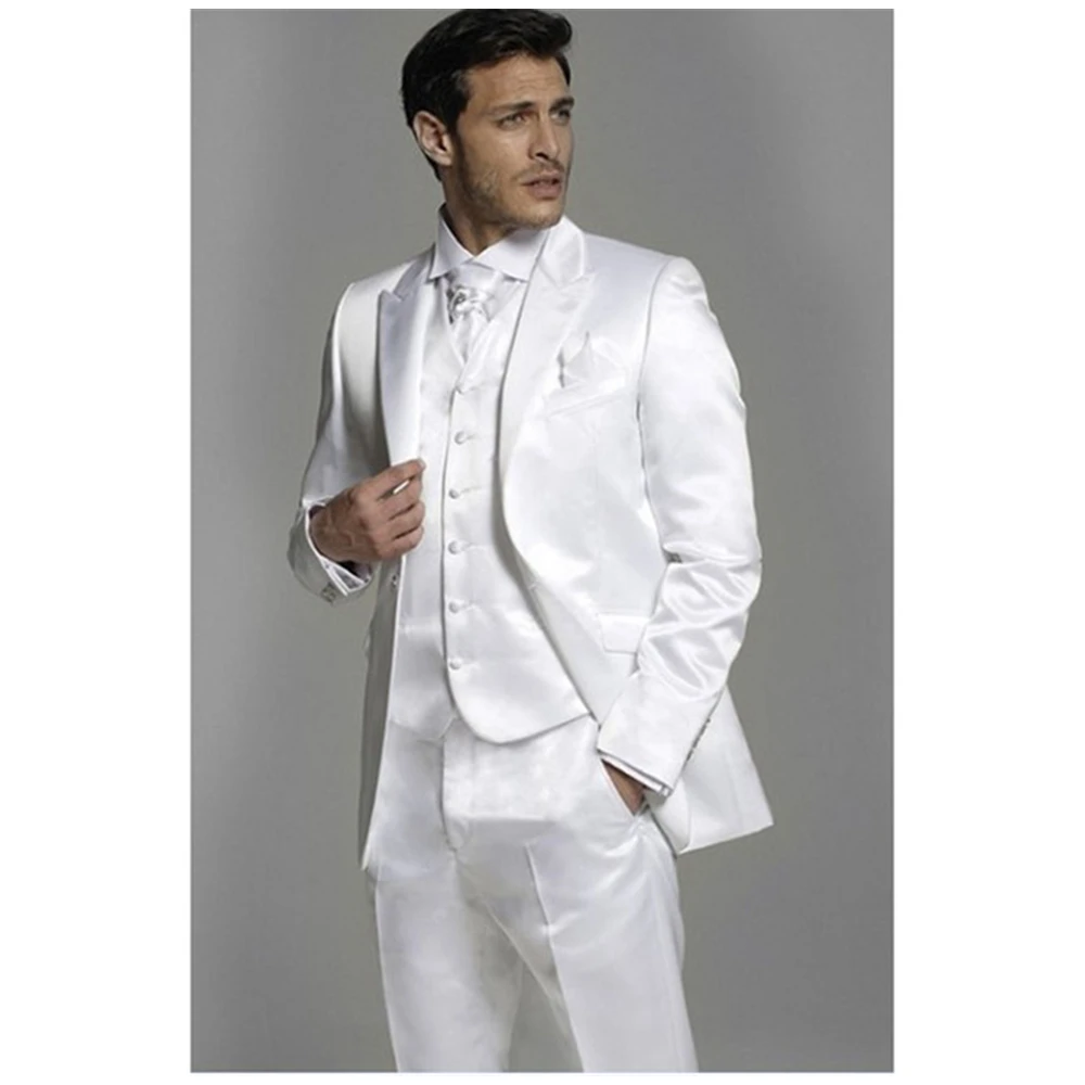 

2022 Latest Men's Peak Lapel White Satin Suits Hot Selling Custom Made One Button Bridegroom Wedding Blazer 3 Pieces Skinny
