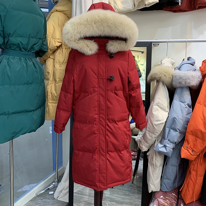 

Женское длинное пальто на белом утином пуху, свободные однотонные куртки, женская верхняя одежда с капюшоном из натурального Лисьего меха, ...