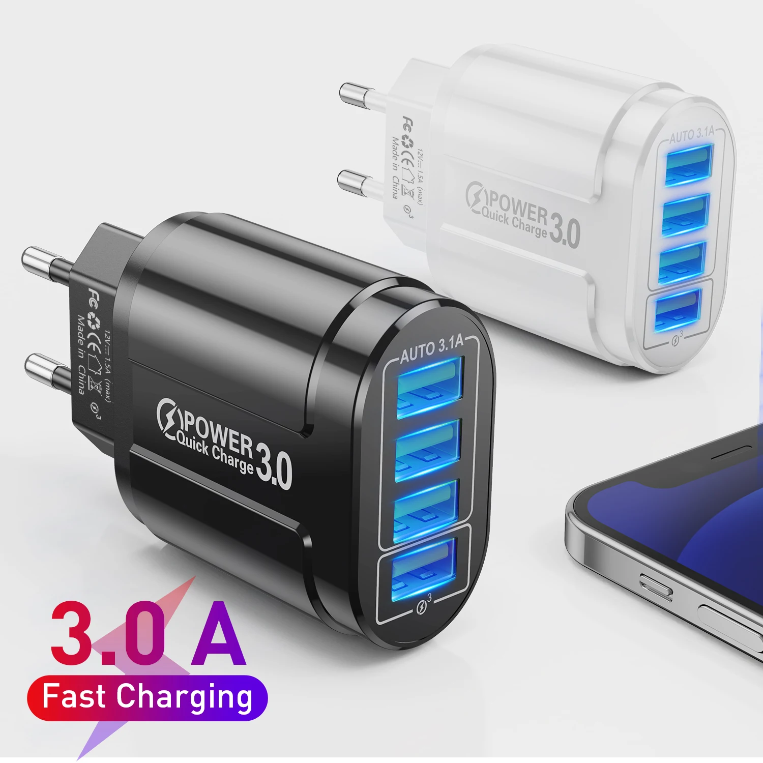 

Быстрое зарядное устройство со светодиодной подсветкой, 4 порта, QC3.0, USB-зарядное устройство для iPhone 13, Samsung, Xiaomi, американская и европейская в...