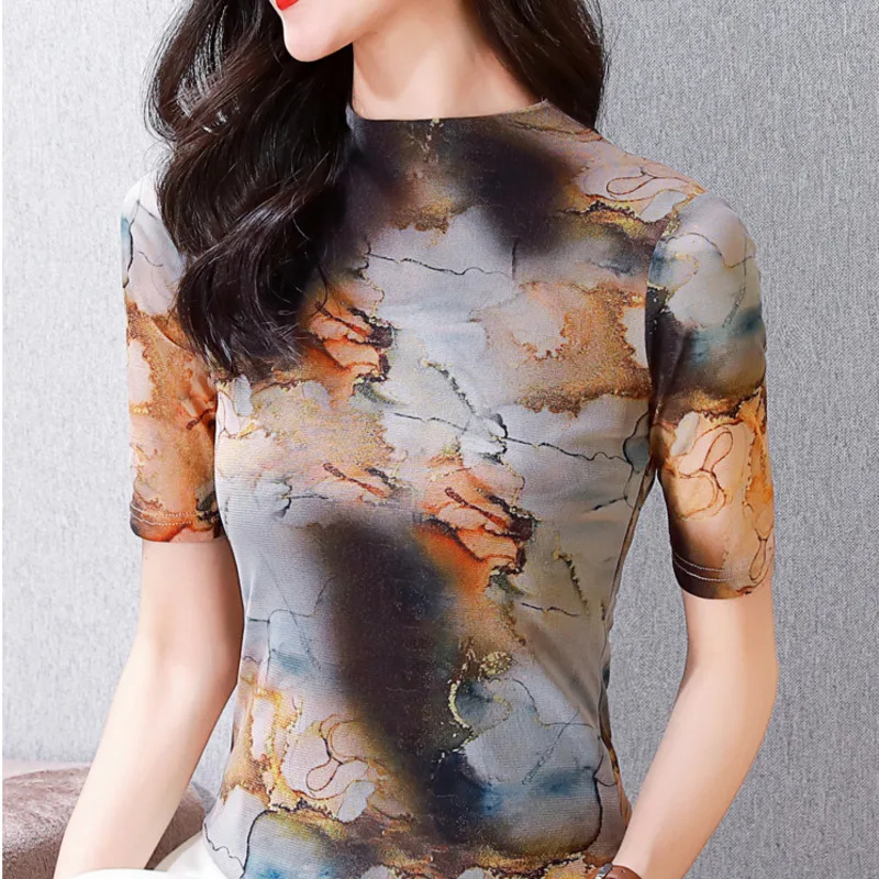 

#6926 Summer T Shirt Women Short Sleeve Tie Dye Printed T Shirt Sexy Short Vintage T-shirt Femme Retro Tight Streetwear Tshirt