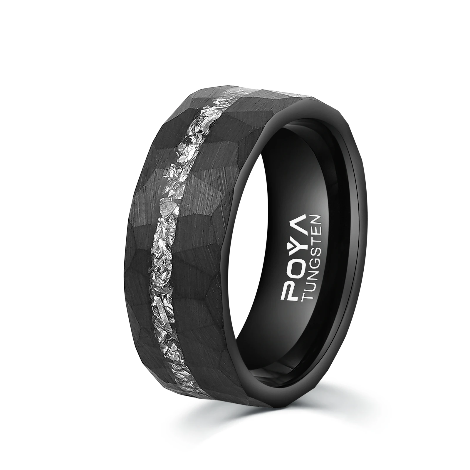 

Poya 8mm meteorite inlay black hammered plated tungsten carbide rings
