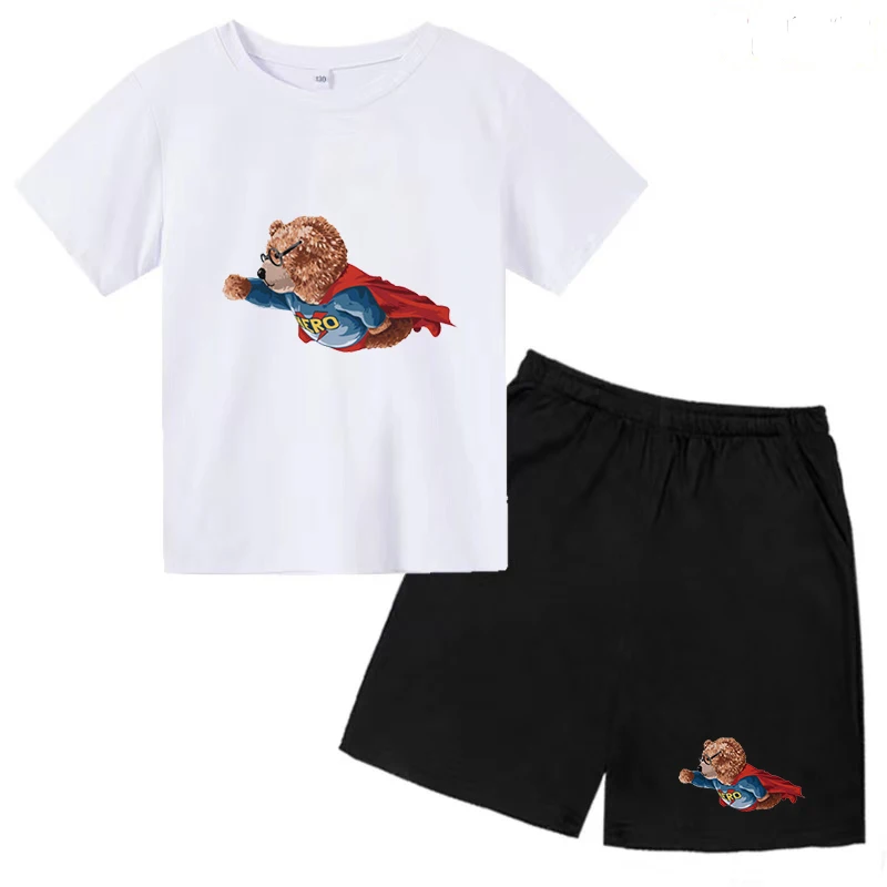 

T-shirt Bear Print Kids Girls Boys Baby Short Sleeves + Shorts Summer Super Flying Bear Fashion Casual Charming Sports Shirt Set
