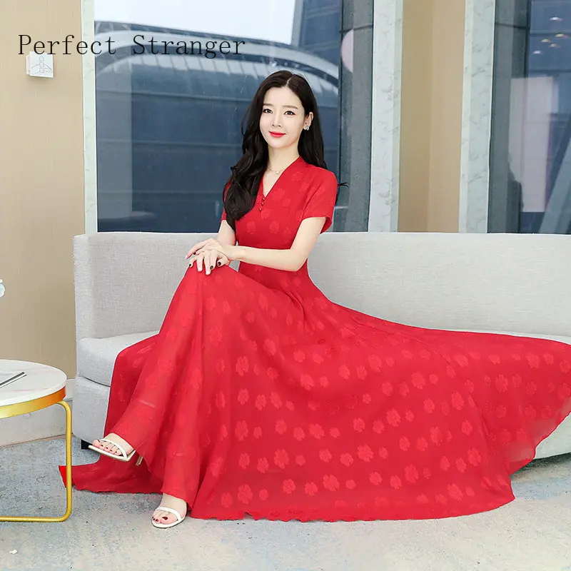 

2023 Summer Short Sleeve Jacquard Long Expandable Chiffon Dress Beach Dress Woman Dress Vestido De Mujer Femme Robe