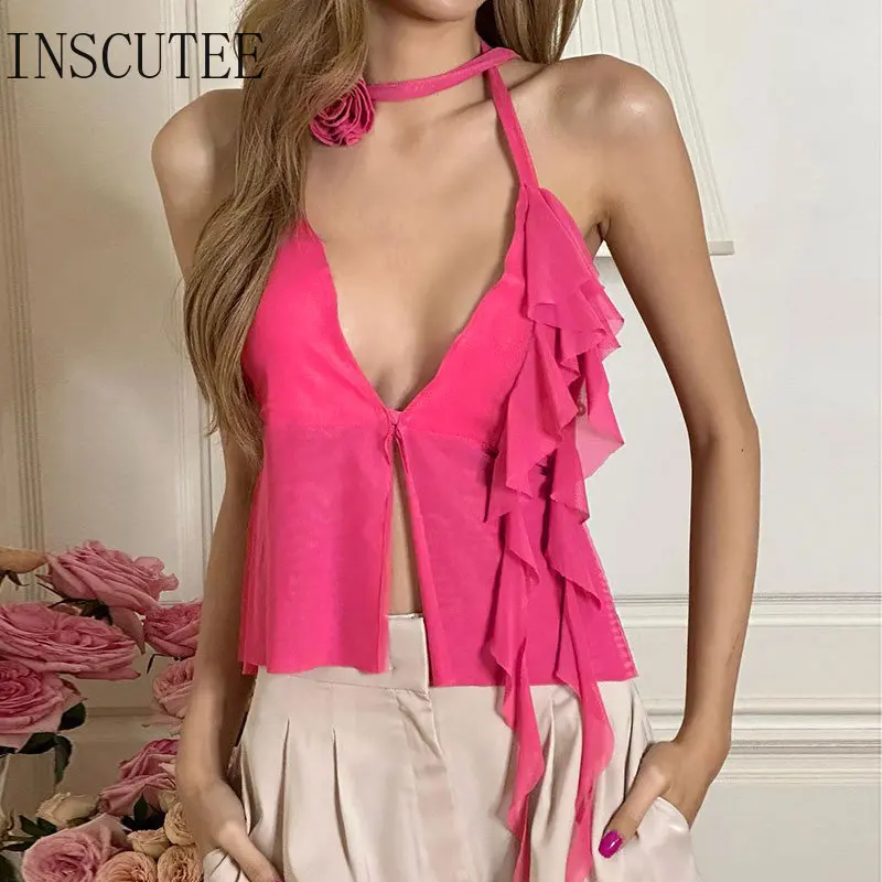 

INSCUTEE Hotsweet Y2k Ruffle Camis Women Streetwear Sexy Soft Gothic Grunge Backless Mesh Tank Tops Emo Alt Faircore Outfits