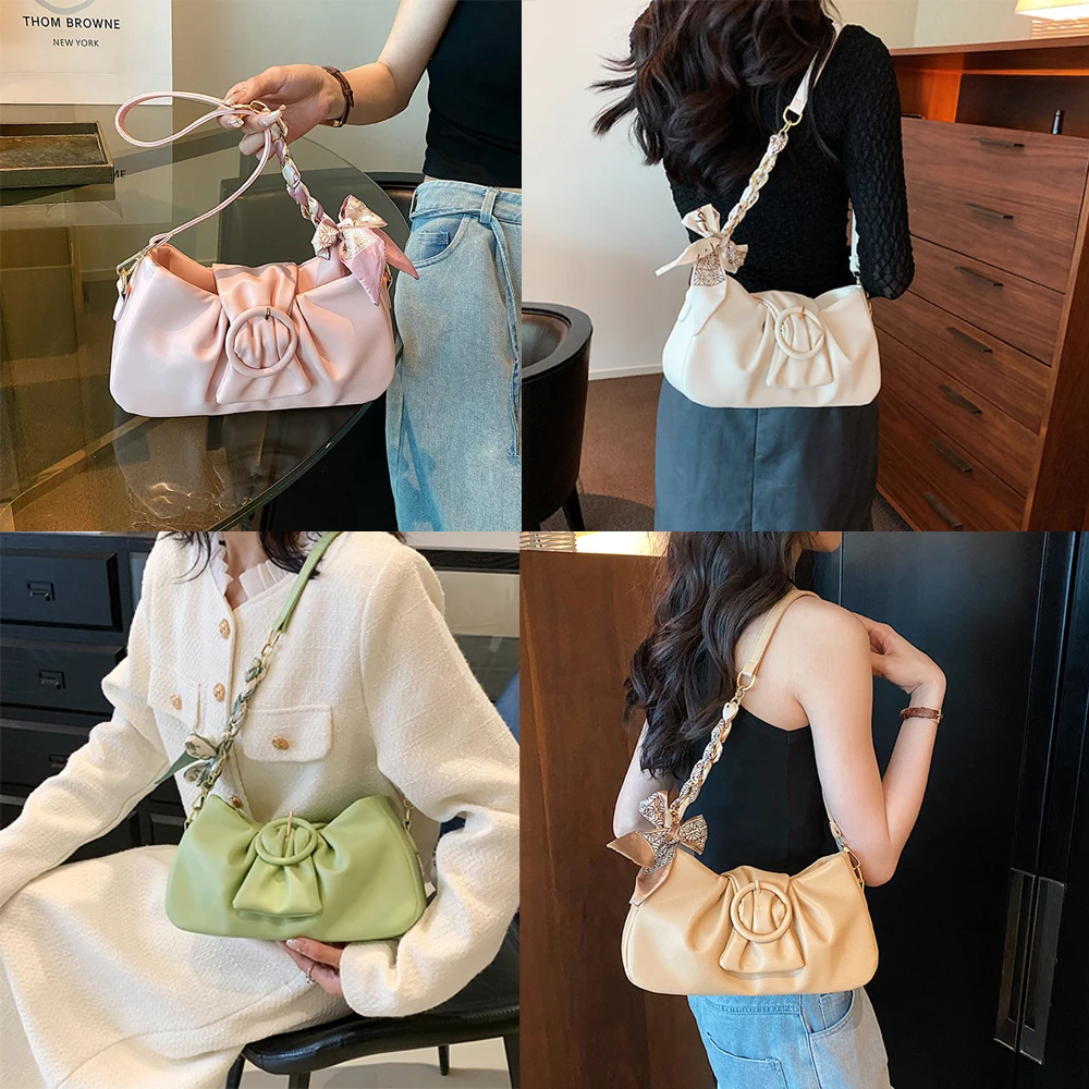 

Women Square Shoulder Bag Casual Crescent PU Leather Handbags Female Solid Color Armpit Bags Designer Underarm Crossbody Tote