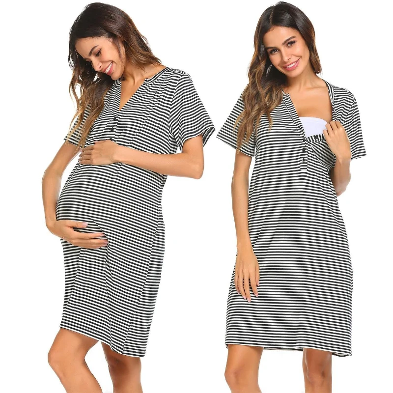 

Womens Maternity Dress For Breastfeeding Summer O Neck Short Sleeve Striped Print Nightdress Nursing Sleepwear Dresses