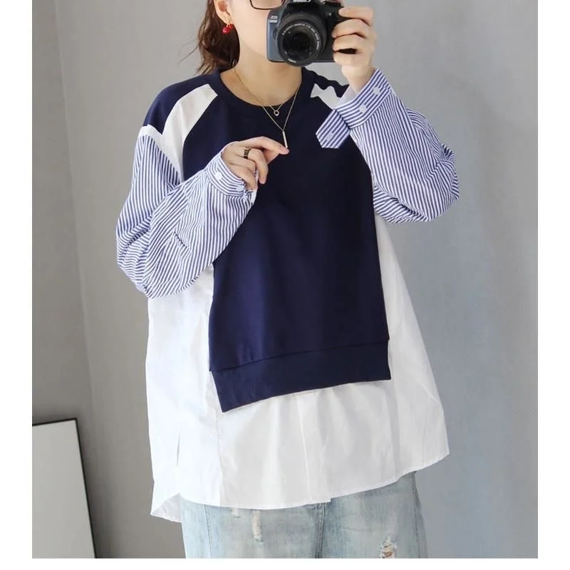 

Модель сезона осень 2022 года, модный свитер контрастных цветов в Корейском стиле, полосатая рубашка в европейском стиле для женщин