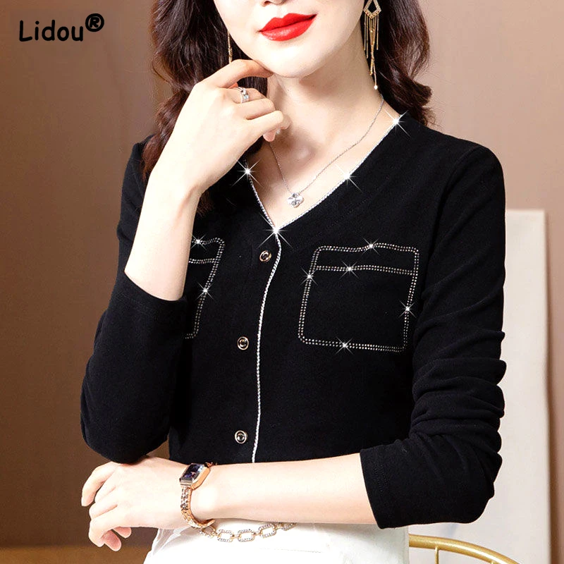

Fashion Women Blouses 2022 Elegant Spring Autumn Office Lady Pockets Black V-neck Shirt Tops Thin Solid Color Clothing Female