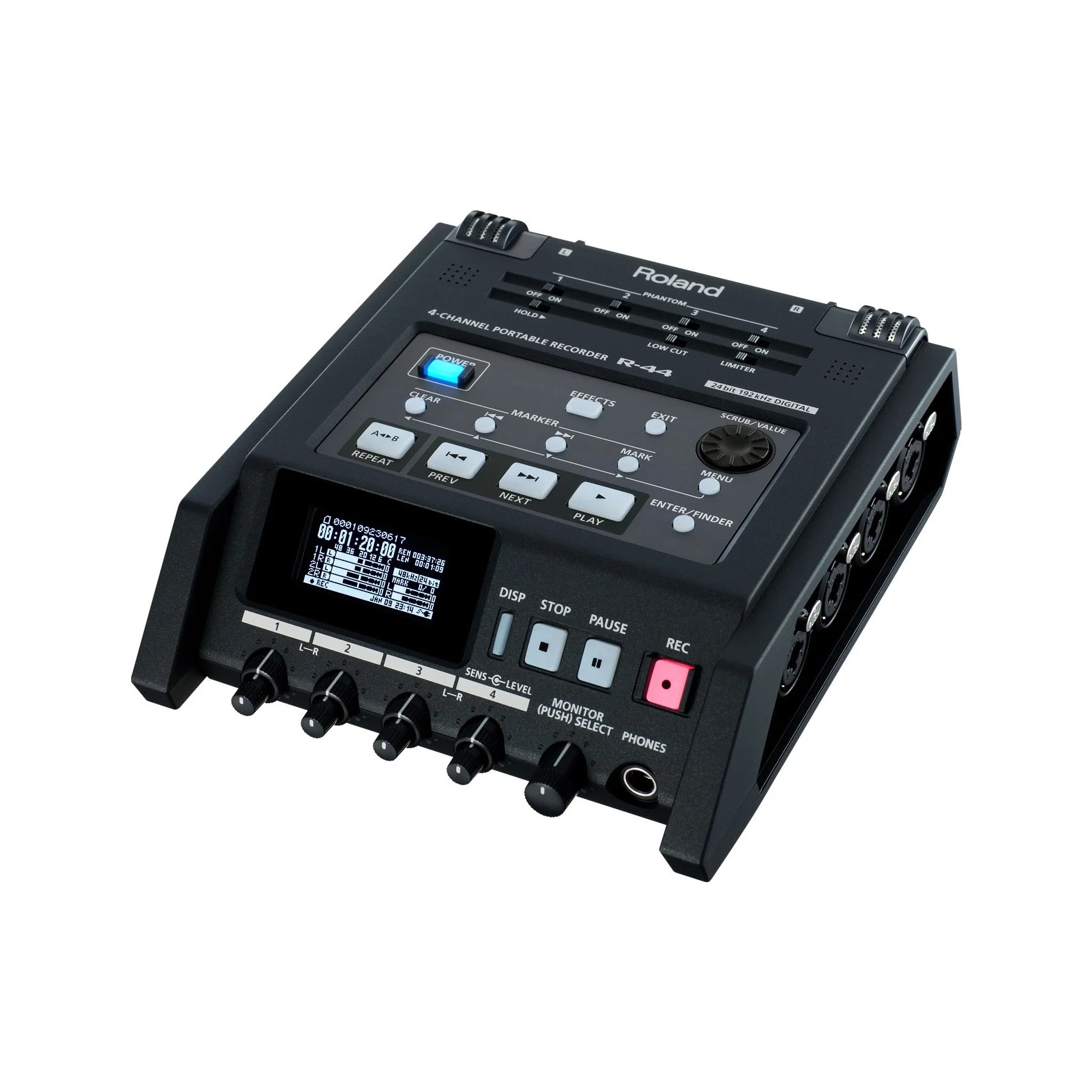 Roland R-44 Professional compact high-density four-track recorder Built-in microphone and monitor speakers 48V phantom power |