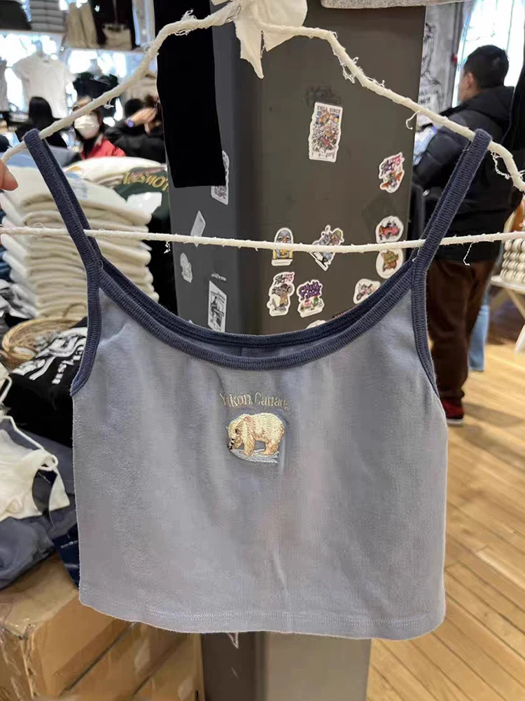 

Casual Women Bear Embroidery Camis Chic Summer Patchwork Soft Cotton Sleeveless Crop Top Women Y2k Streetwear Slim Tops 2023