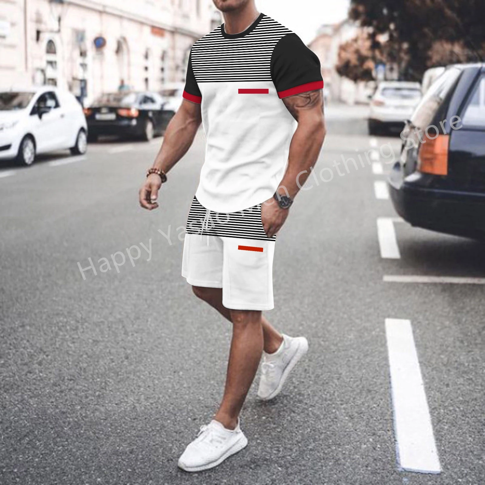 2023 Summer Men's Casual Sportswear 3D Patterned Men's Sportswear 2-piece Short Sleeve Street Fashion T-shirt Set Oversized