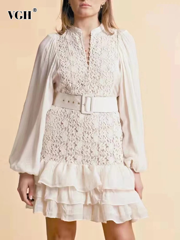 

VGH Black Lace Panel Dress For Women Stand Collar Lantern Long Sleeve High Waist Solid Loose Mini Dresses Female Spring Clothing