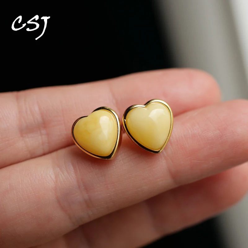 

CSJ Natural Amber Stud Earrings Sterling 925 Silver Simple Heart 11mm for Authentic Women Birthday Party Jewelry Gift